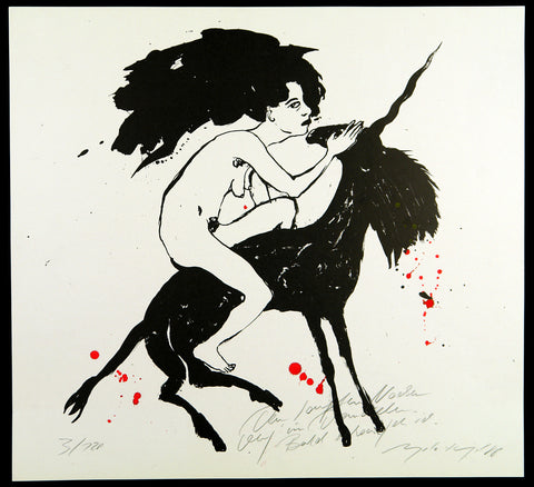 Nude and unicorn, 1988. Mixed media by Angela HAMPEL