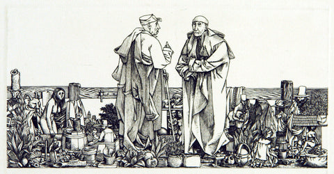 Magyar Grafika. "Beszélgetők (conversations)", around 1975. Copper engraving by Csaba REKASSY