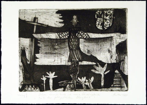 "Schon immer hatte ich meine Schwierigkeiten mit der geldgebenden Obrigkeit", 1988. Etching by Otto SANDER TISCHBEIN ("OST")